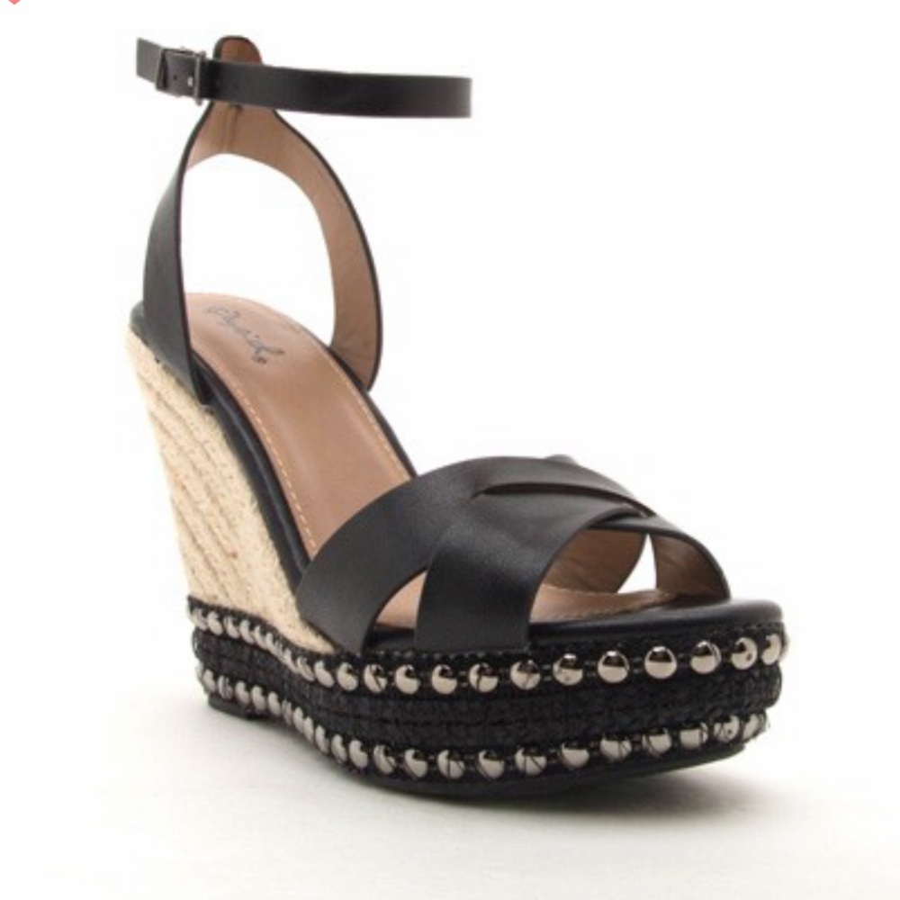 Black Studded Espadrilles Wedge Sandals - Picture 1 of 5
